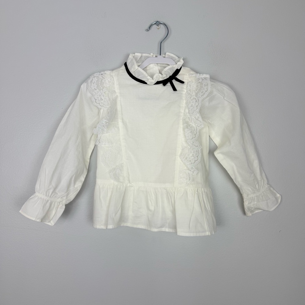 Janie and Jack White Blouse with Lace and Black Bow Sz 3T